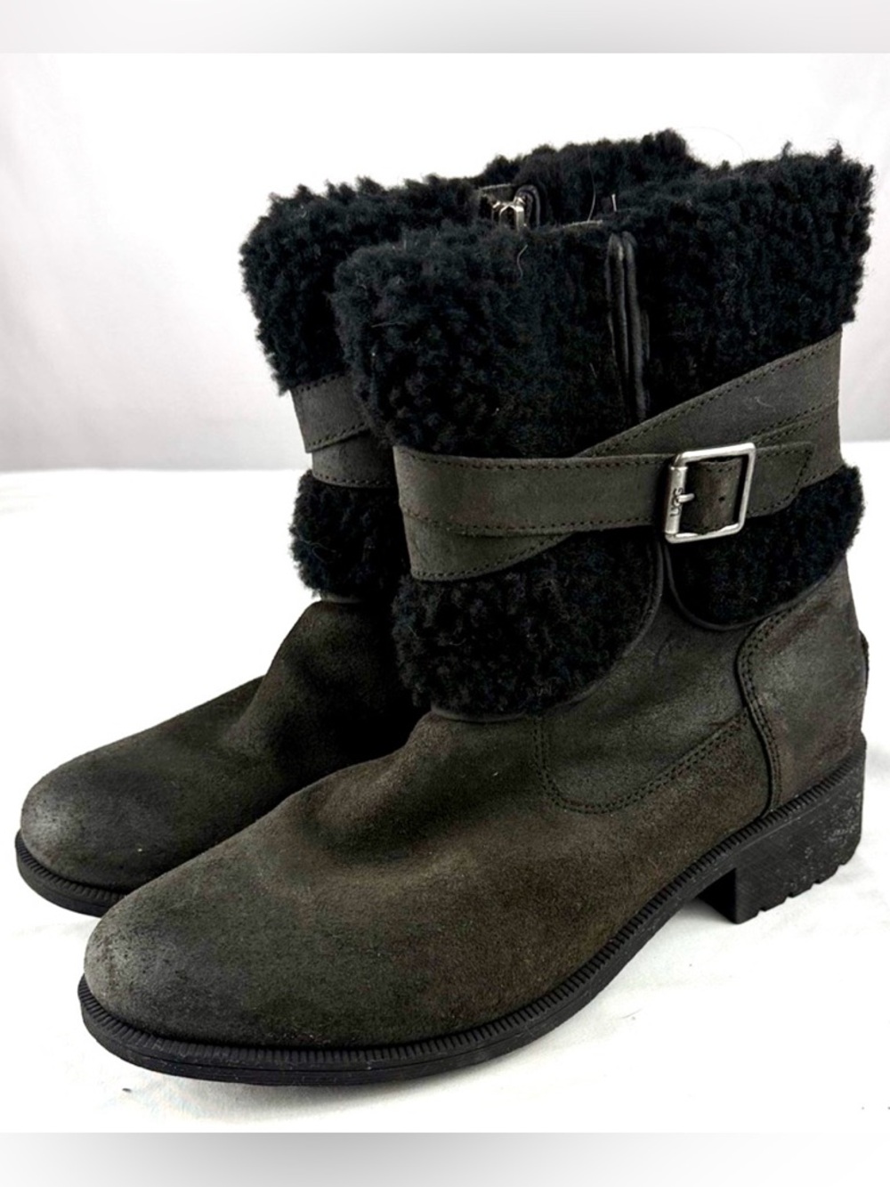 UGG Black Shearling-Trim Suede Buckle Boots